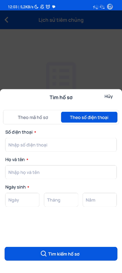 tra cứu lịch sử tiêm chủng VNVC trên Mobile App VNVC, bước 4