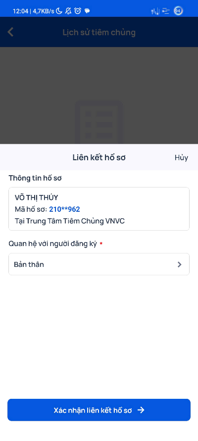tra cứu lịch sử tiêm chủng VNVC trên Mobile App VNVC, bước 5