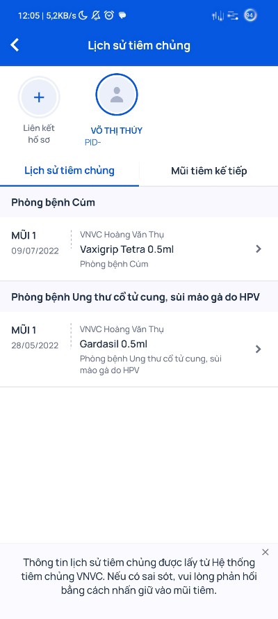 tra cứu lịch sử tiêm chủng VNVC trên Mobile App VNVC, bước 7
