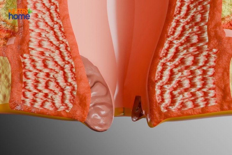 Hình cắt lớp mô phỏng búi trĩ nội sa ra ngoài trong ống hậu môn