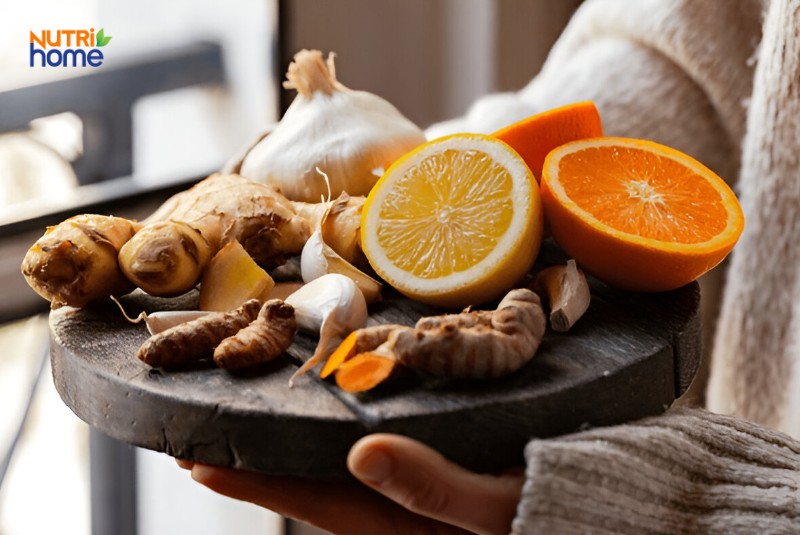Đĩa gừng, nghệ, tỏi và các lát cam chanh giàu vitamin hỗ trợ tăng sinh collagen tự nhiên cho cơ thể