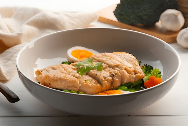 Ức gà luộc ăn kèm rau củ và trứng luộc cho người phục hồi sau mổ sỏi mật