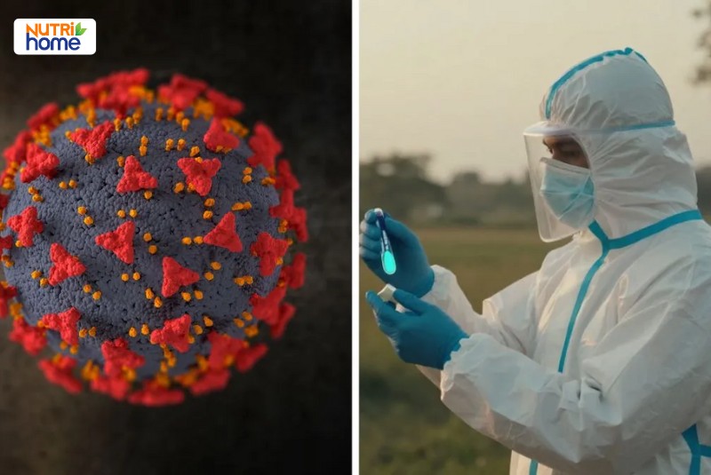 Mô phỏng virus và chuyên gia mặc đồ bảo hộ kiểm tra mẫu bệnh phẩm