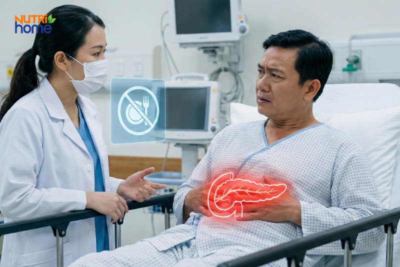 Bệnh nhân đau vùng bụng được bác sĩ giải thích về viêm tụy cấp và chế độ nhịn ăn ban đầu