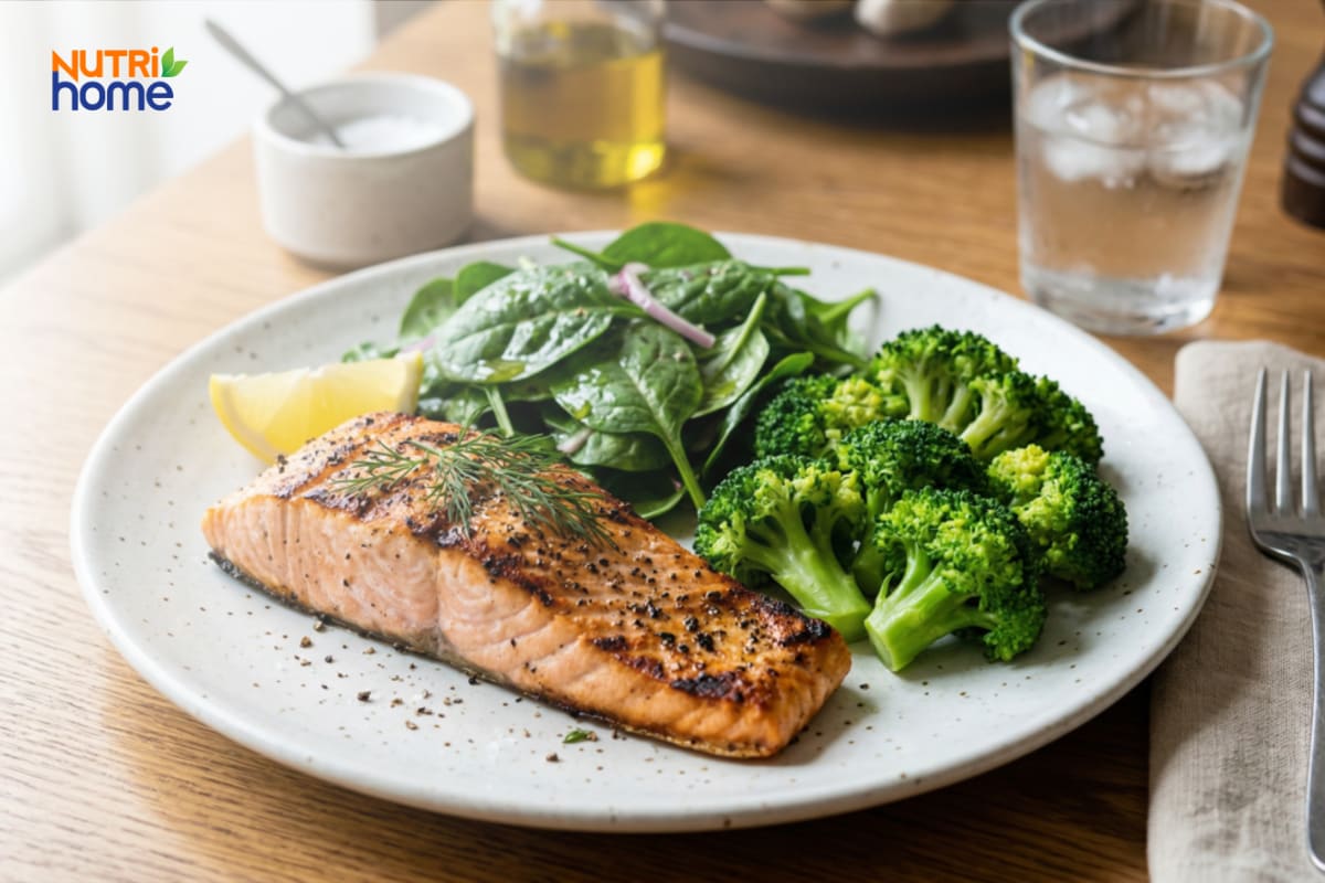 Cá hồi áp chảo với bông cải cho bữa keto