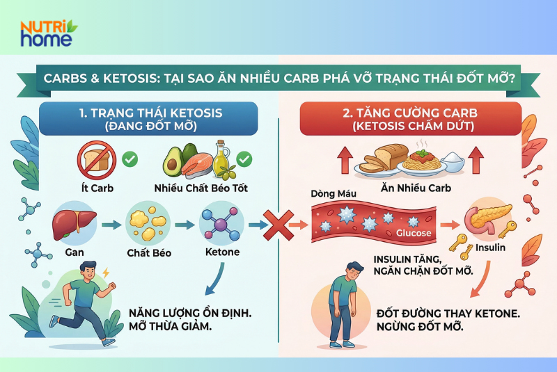 Infographic carb làm gián đoạn trạng thái ketosis