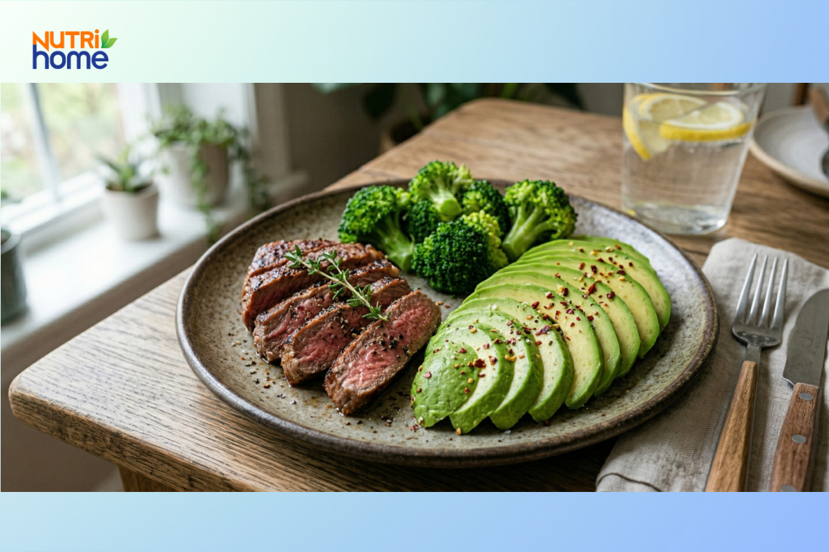 Thịt bò áp chảo, bơ và bông cải trong thực đơn keto