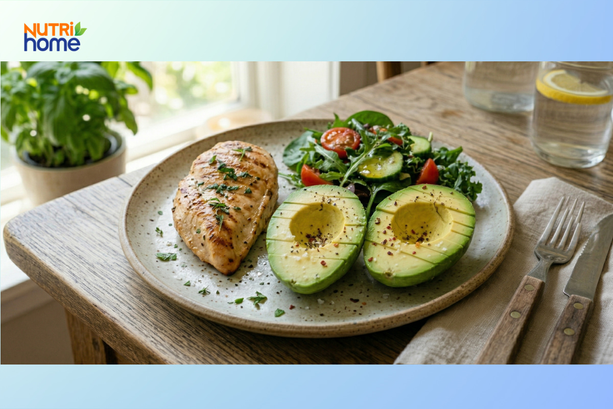 Ức gà áp chảo, bơ và salad trong thực đơn keto