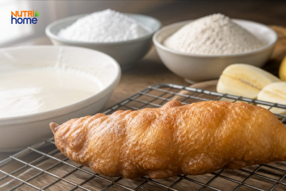 Bánh chuối chiên giòn bên cạnh bột và chuối tươi