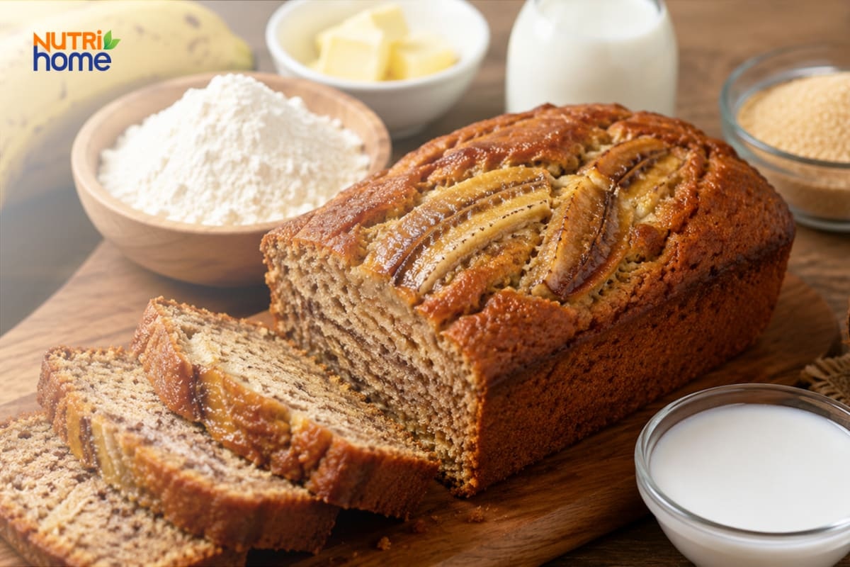 Bánh chuối nướng đặt cùng bột mì, bơ, sữa và đường.