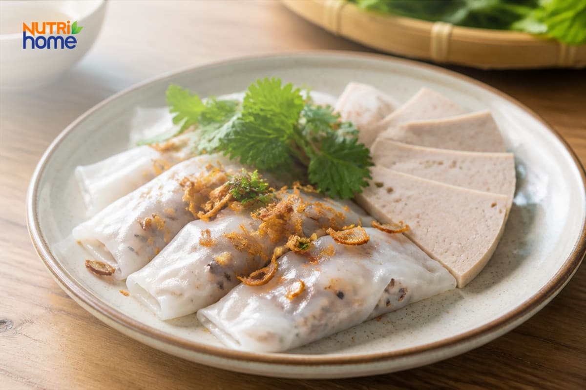 Đĩa bánh cuốn rắc hành phi ăn kèm chả lụa và rau mùi