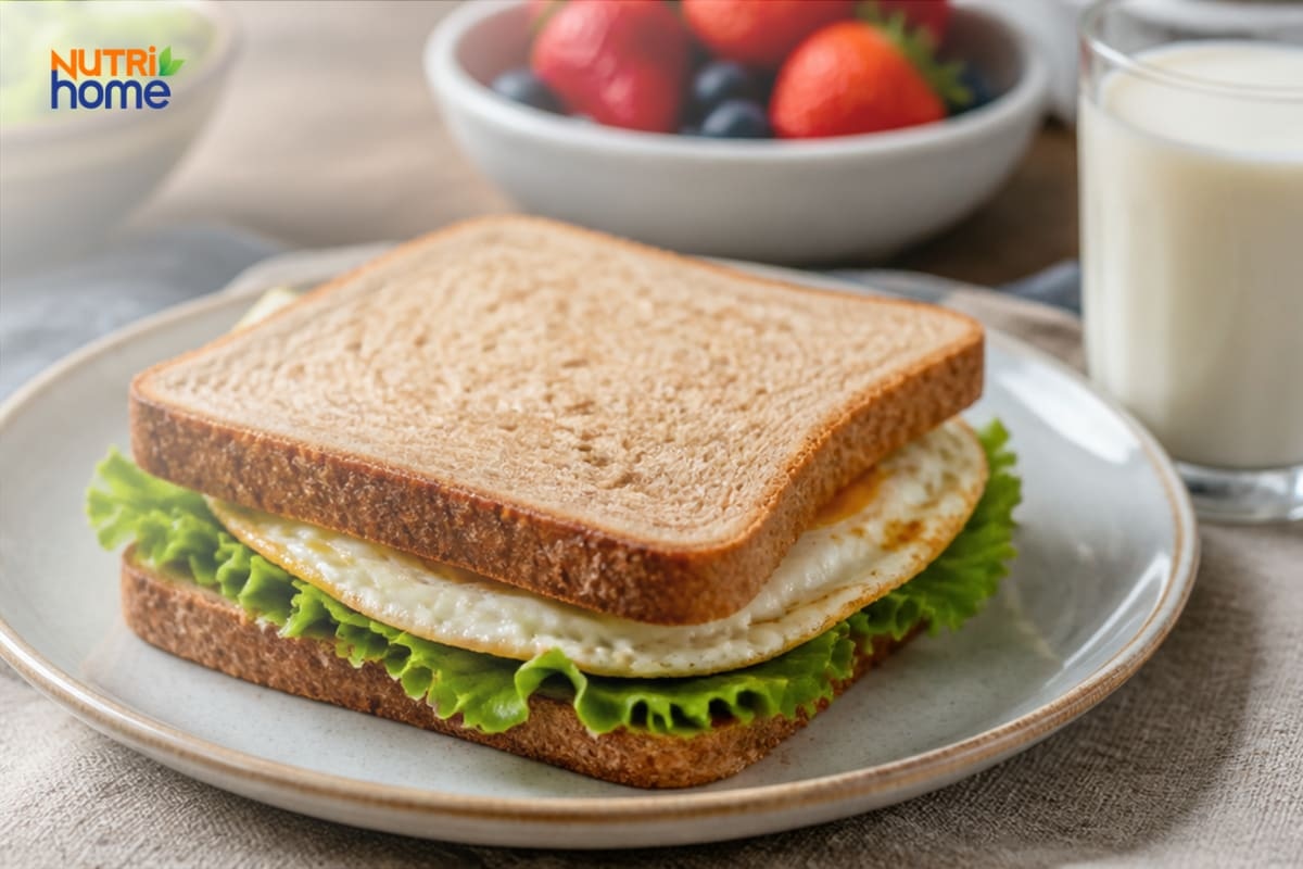 Bánh mì nguyên cám kẹp trứng, xà lách và ly sữa
