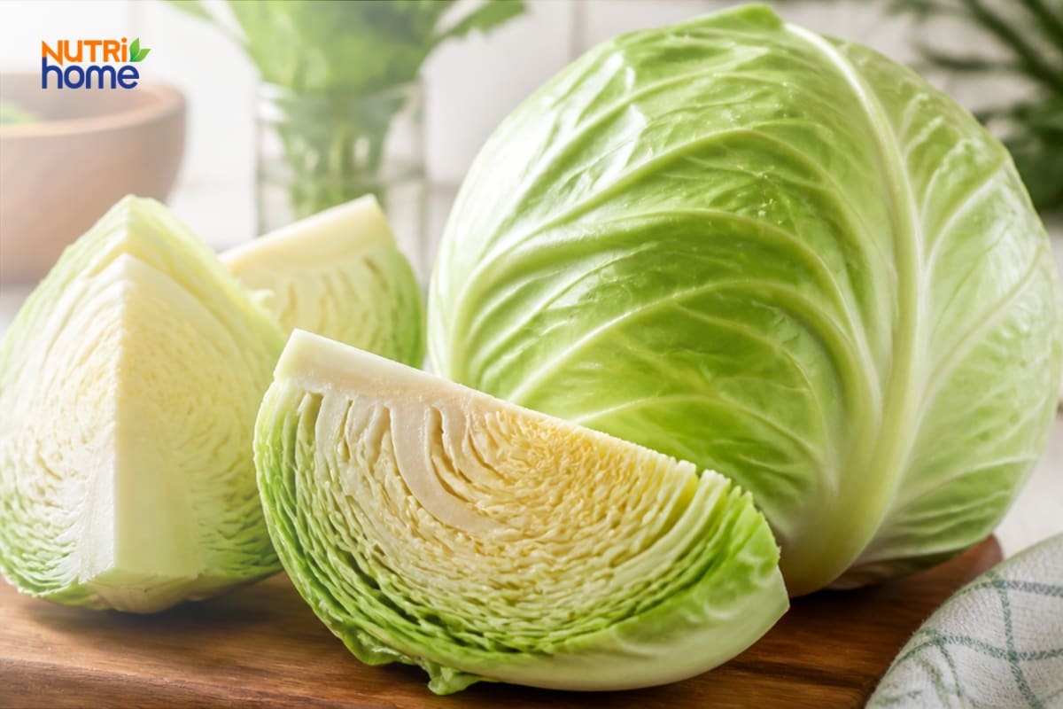 Bắp cải xanh tươi nguyên cây và các phần đã cắt.