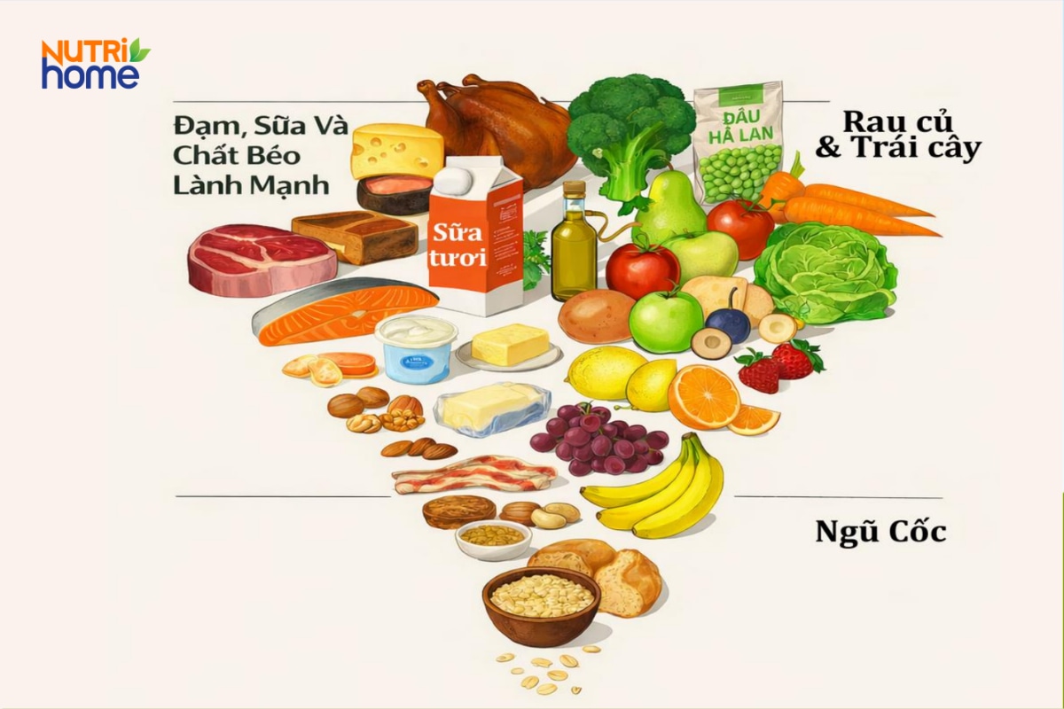 Cấu trúc 3 tầng của tháp dinh dưỡng ngược với đạm, rau củ và ngũ cốc