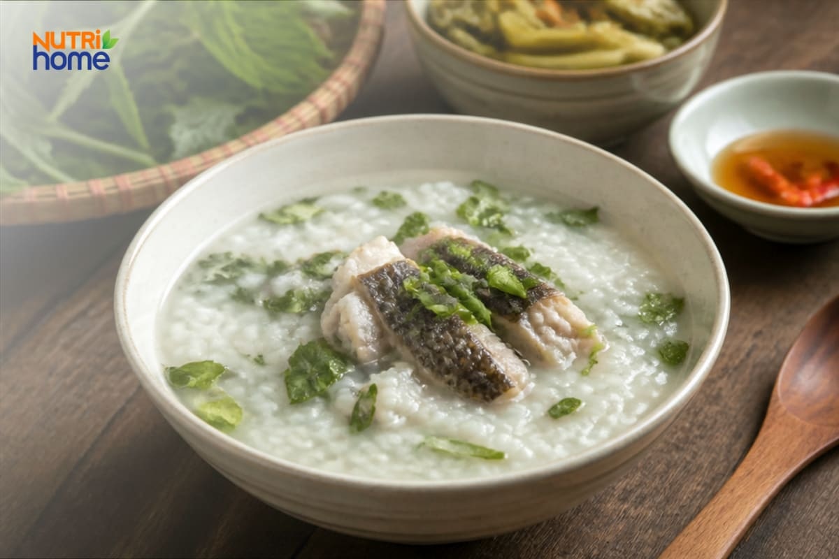 Bát cháo cá lóc ăn cùng rau thơm và gia vị.