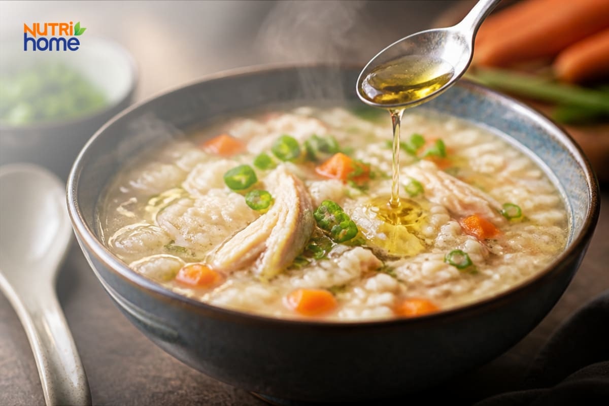 Bát cháo gà cà rốt và hành lá đang được thêm dầu ăn.
