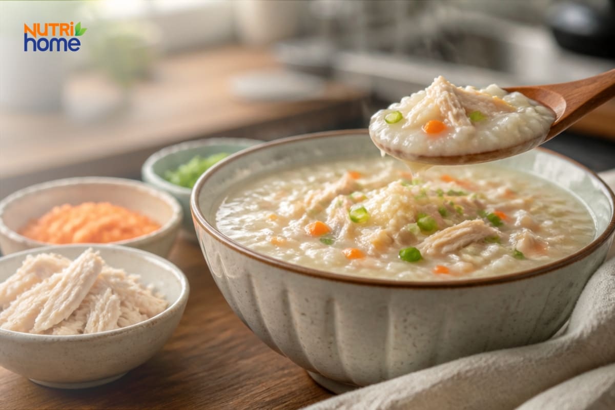 Cháo gà mềm sánh với cà rốt và hành lá trên thìa.