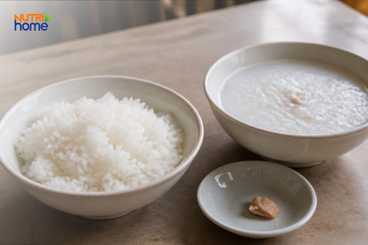 Bữa ăn chỉ có cháo loãng và cơm trắng, thiếu đạm và rau củ