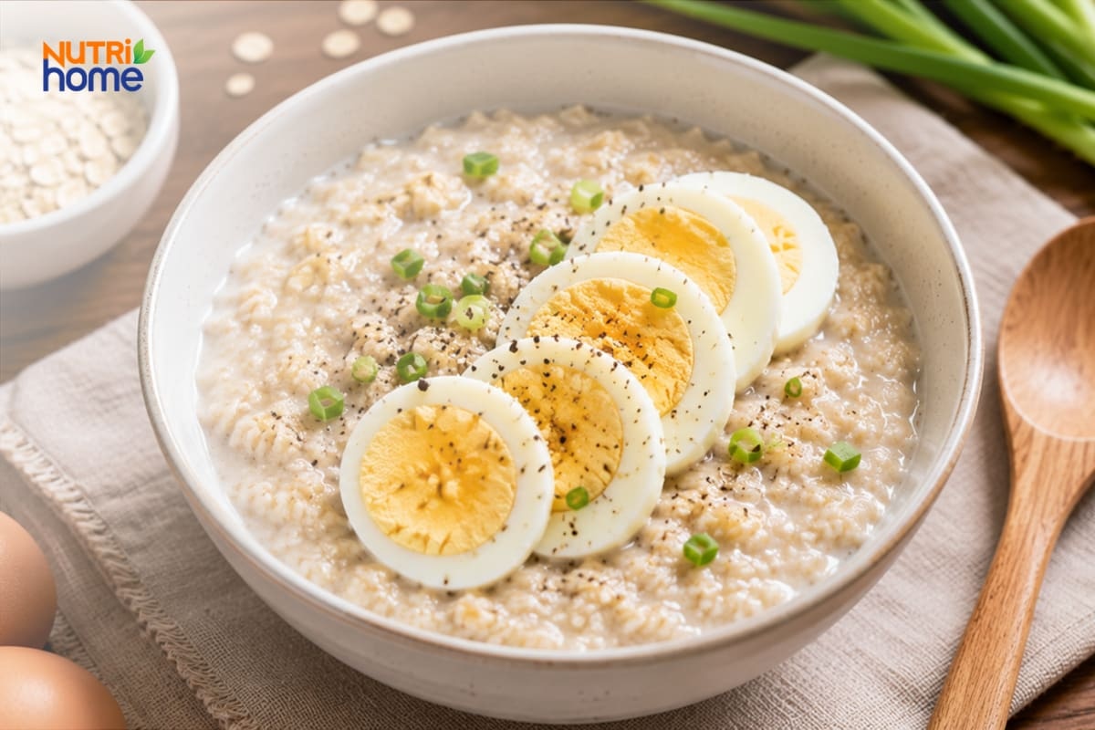 Tô cháo yến mạch phủ các lát trứng luộc và hành lá.
