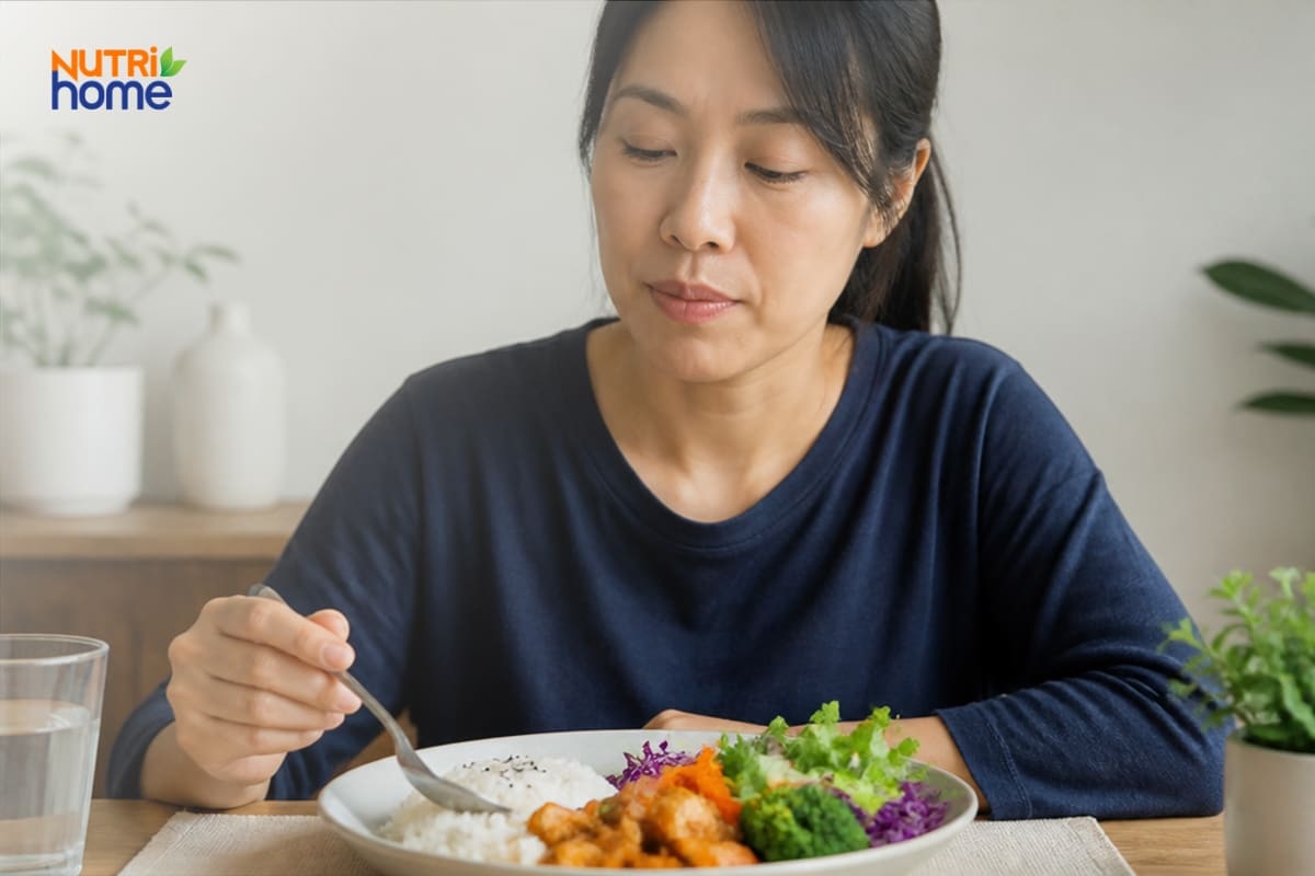 Người phụ nữ ăn chậm nhai kỹ bữa cơm rau củ cân bằng