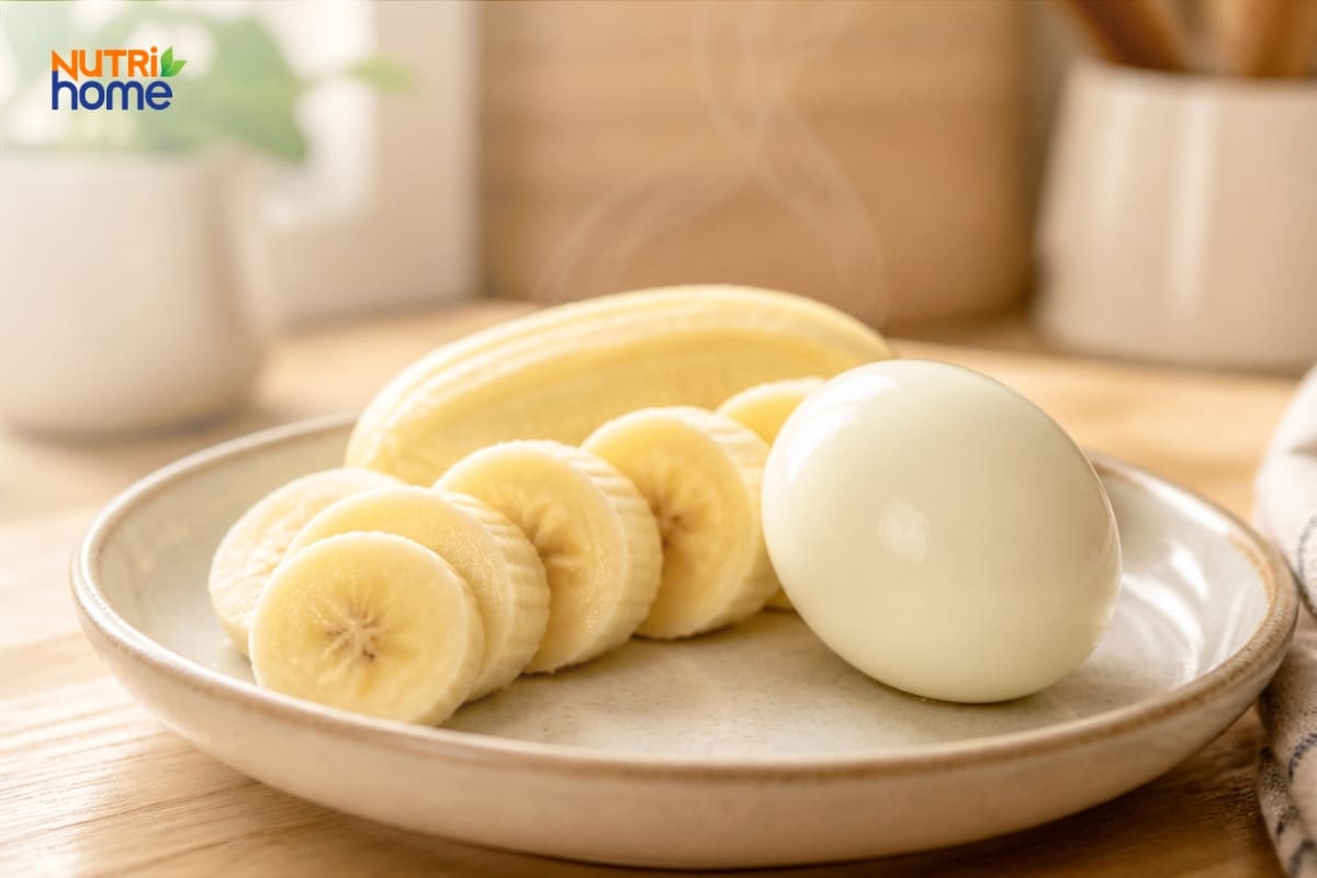 Chuối cắt lát và một quả trứng luộc được bày trên đĩa.