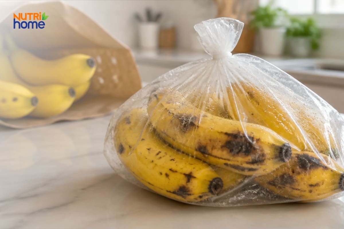 Chuối chín đốm nâu đựng trong túi nilon buộc kín đọng hơi nước