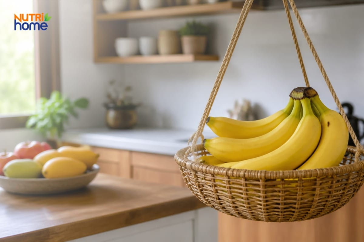 Nải chuối chín vàng trong rổ treo thoáng khí ở bếp