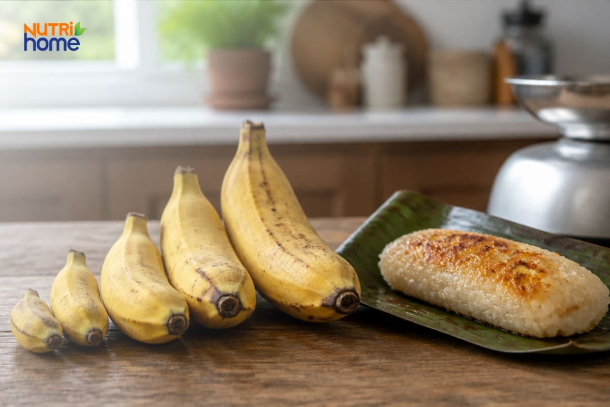 Các quả chuối nhiều kích thước đặt cạnh một phần chuối nếp nướng.