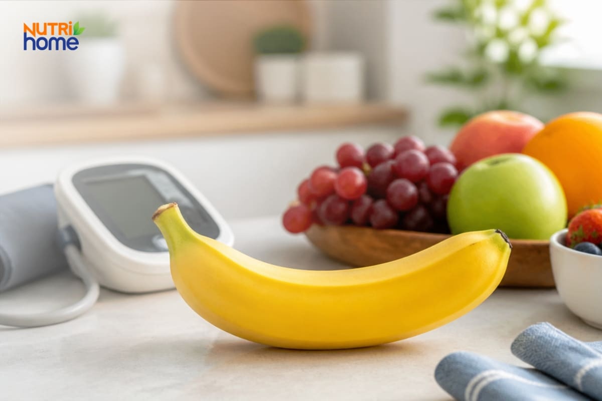Chuối giàu kali đặt cạnh máy đo huyết áp và trái cây tươi