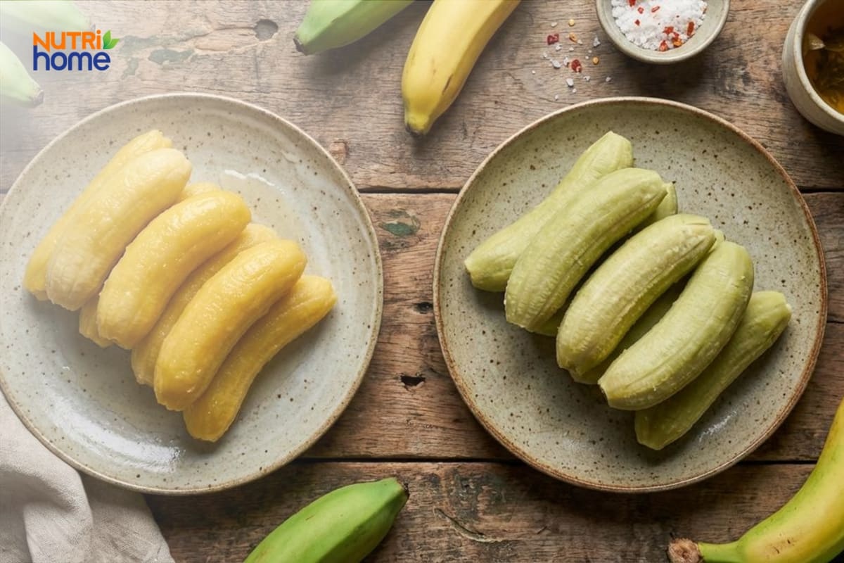 So sánh đĩa chuối chín luộc và đĩa chuối xanh luộc