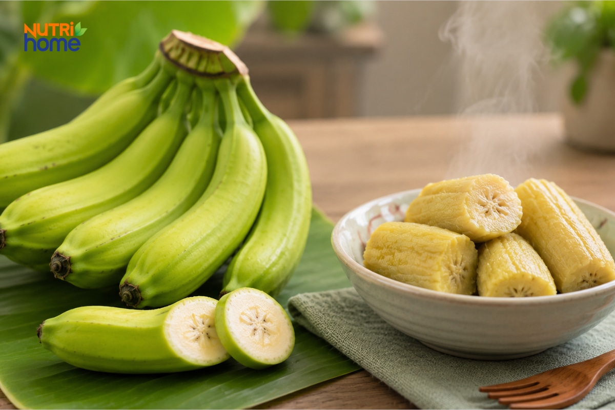 Chuối xanh sống và chuối xanh luộc chín trong bát