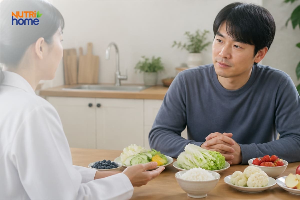 Chuyên gia tư vấn chế độ ăn với rau củ và trái cây.