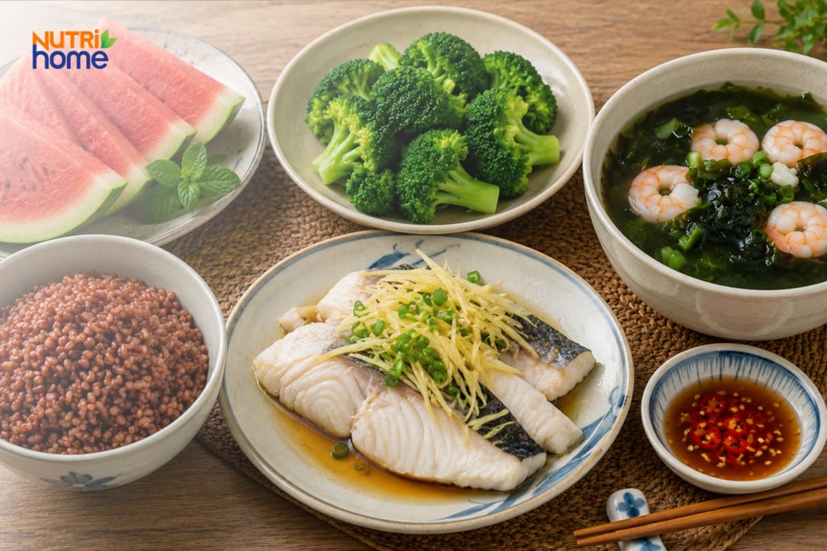 Mâm cơm với cá hấp, bông cải xanh, canh tôm và dưa hấu.