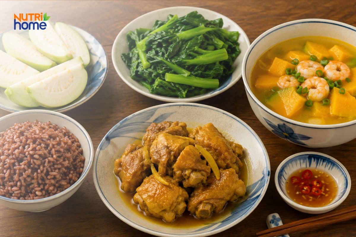 Mâm cơm gồm gạo lứt, gà kho, rau xanh và canh bí đỏ.