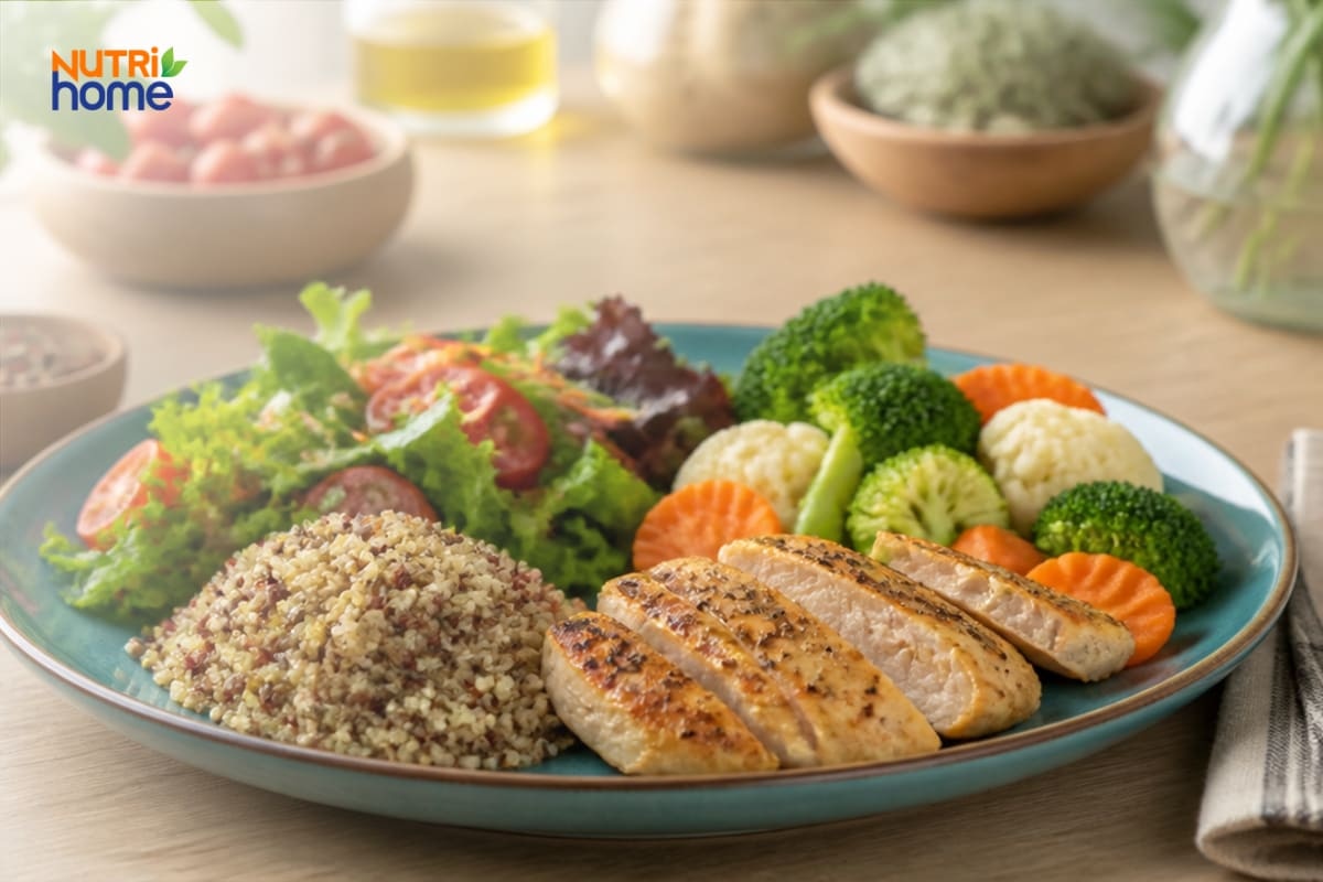Đĩa ăn cân bằng gồm ức gà, quinoa và rau củ ít đường