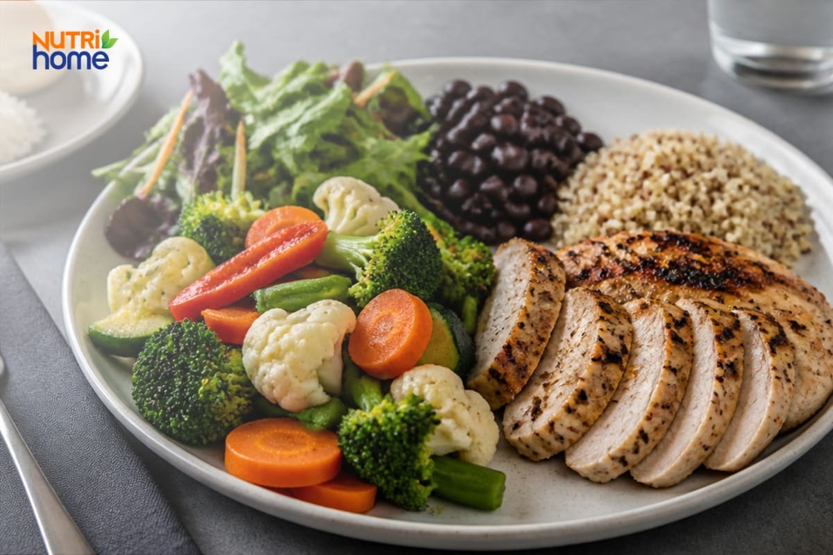 Đĩa ăn cân đối gồm ức gà, rau củ, đậu đen và hạt quinoa