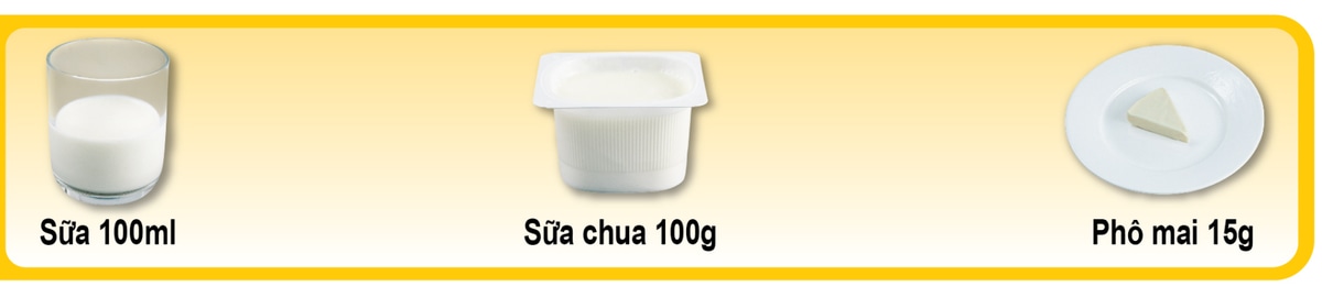Minh họa 1 đơn vị sữa: sữa 100ml, sữa chua 100g, phô mai 15g