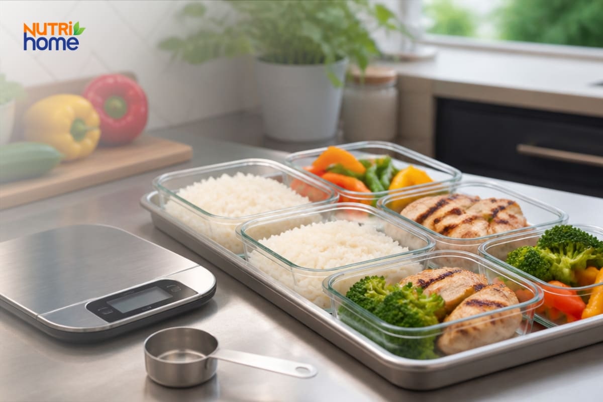 Các hộp cơm trắng, thịt gà nướng và rau củ đặt cạnh cân nhà bếp
