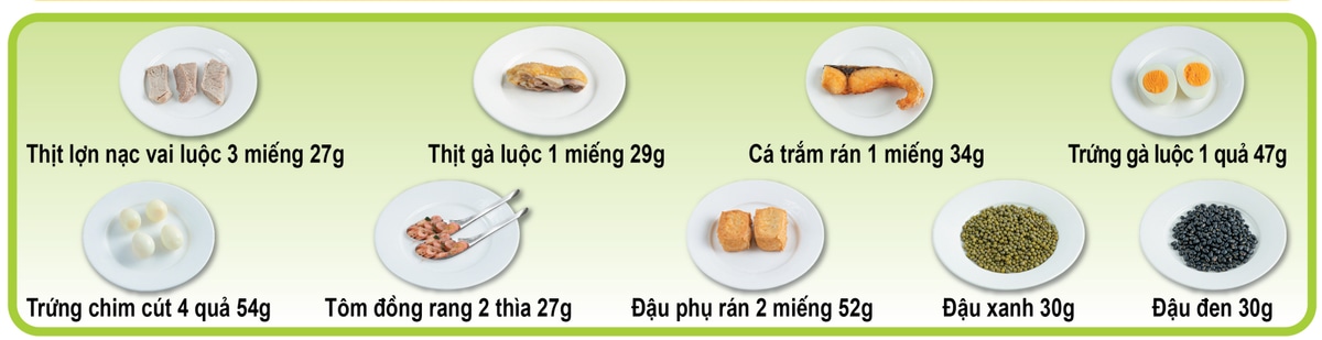 Minh họa 1 đơn vị ăn thịt, thủy sản, trứng và hạt giàu đạm