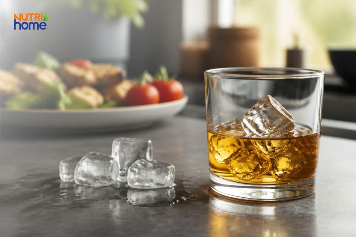 Ly rượu mạnh với đá lạnh đặt cạnh đĩa thức ăn