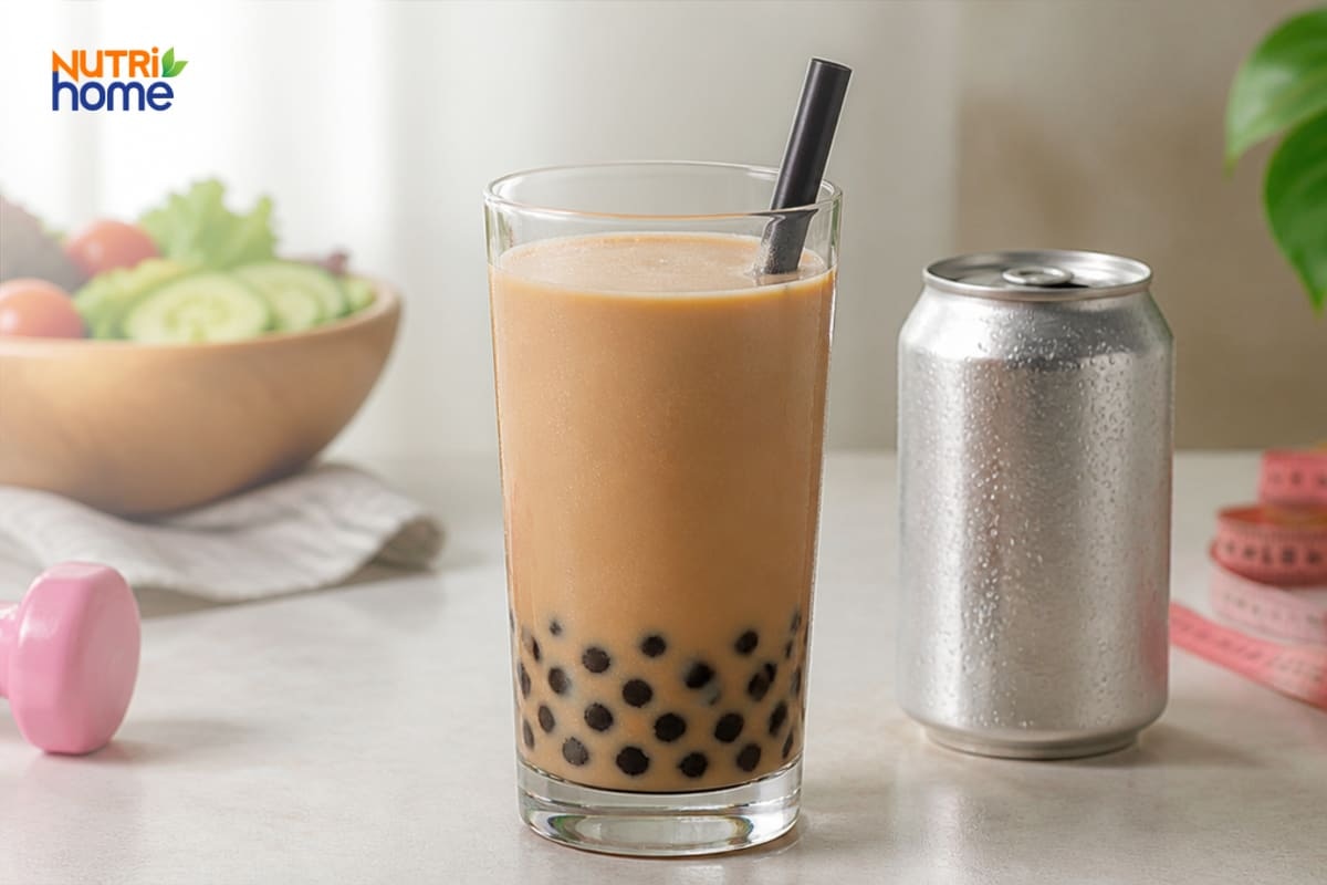 Ly trà sữa trân châu cạnh lon nước ngọt, thước dây và tạ tay