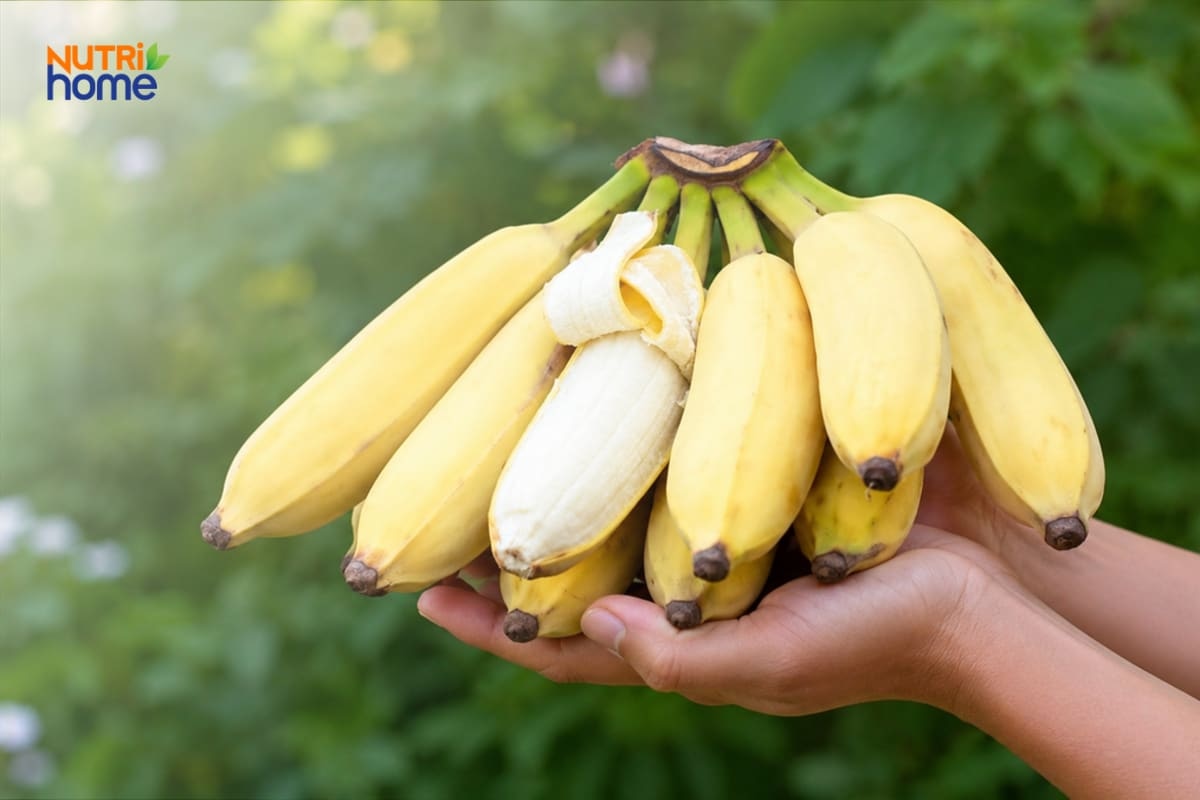 Nải chuối tây chín vàng cầm trên tay, một quả đã bóc vỏ