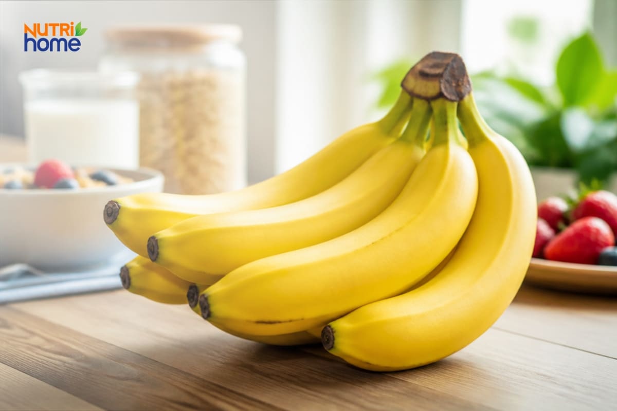 Nải chuối tiêu chín trong bữa ăn đa dạng cùng trái cây và ngũ cốc