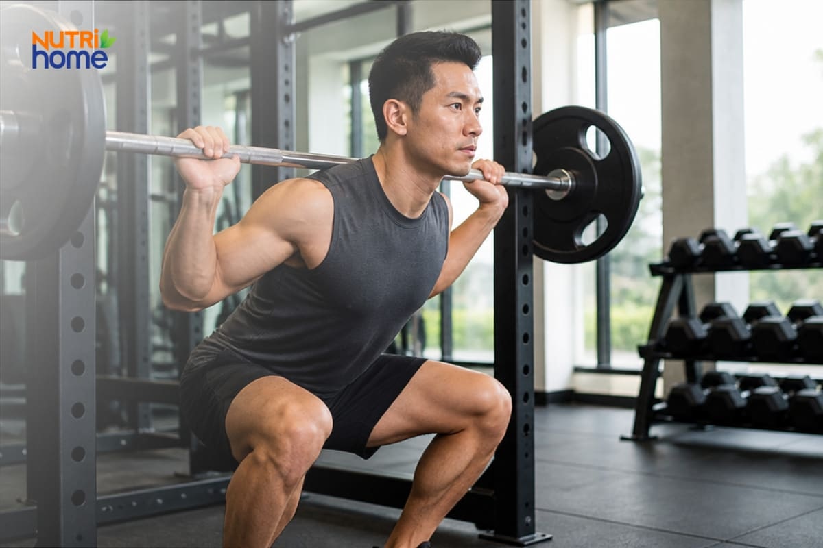 Nam giới tập squat với tạ đòn trong phòng gym để giữ cơ khi giảm cân