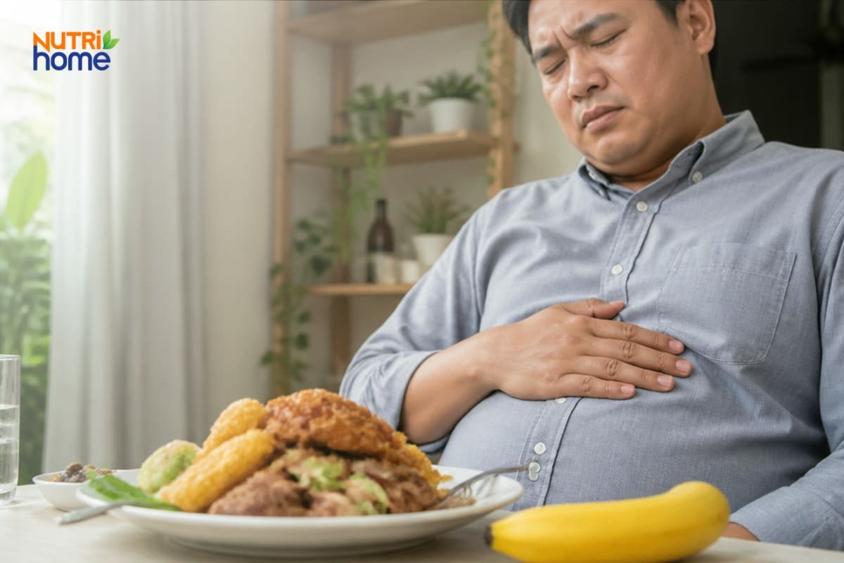 Người đàn ông ôm bụng khó chịu bên bữa ăn và quả chuối