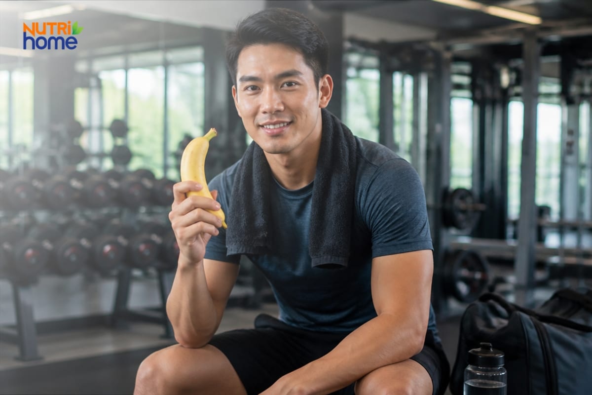 Người đàn ông cầm chuối khi nghỉ tại phòng tập gym