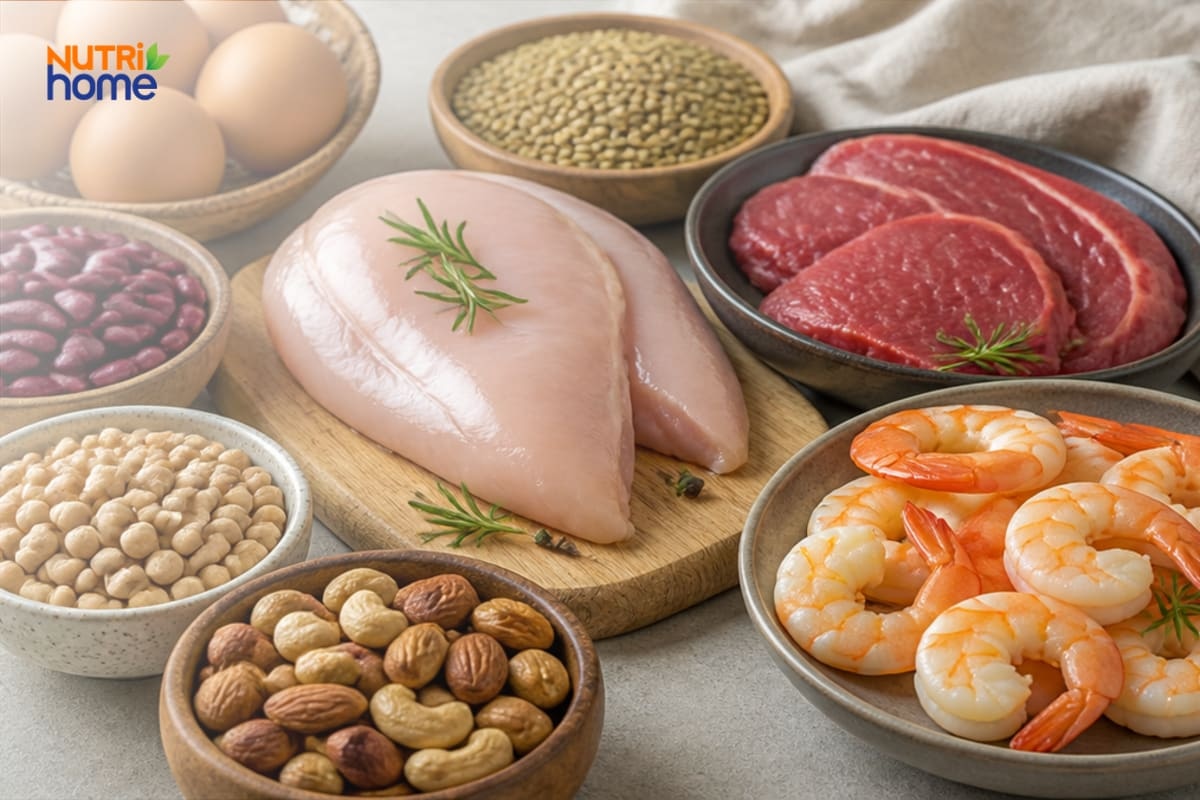 Nguồn protein đa dạng từ trứng, gà, thịt bò, tôm, đậu và hạt