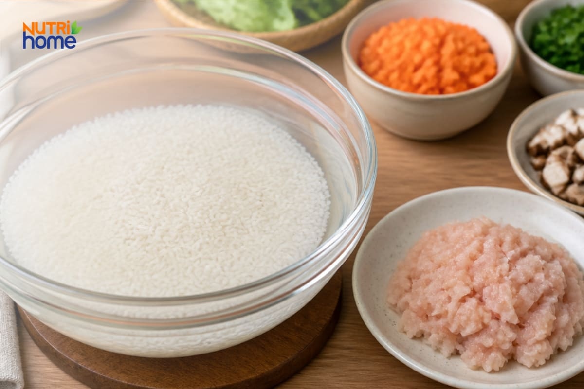 Gạo, thịt băm, cà rốt và rau củ chuẩn bị để nấu cháo.