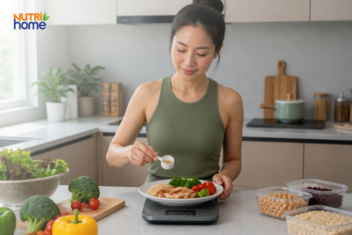 Người phụ nữ cân khẩu phần ăn với thịt gà và rau củ