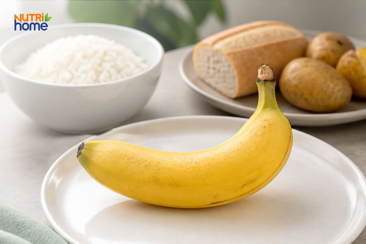 Quả chuối đặt cạnh chén cơm, bánh mì và khoai tây giàu tinh bột